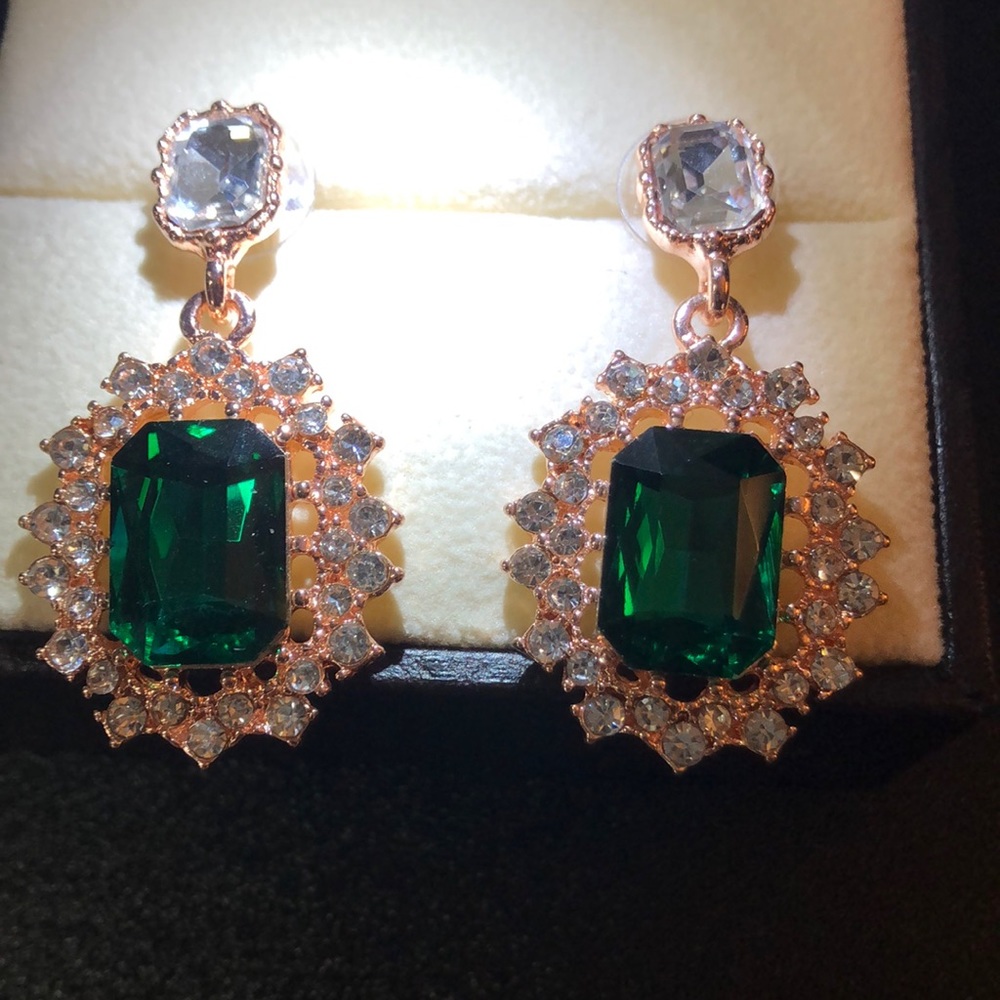 Rose gold colored w/ emerald cut and clear crystal earrings